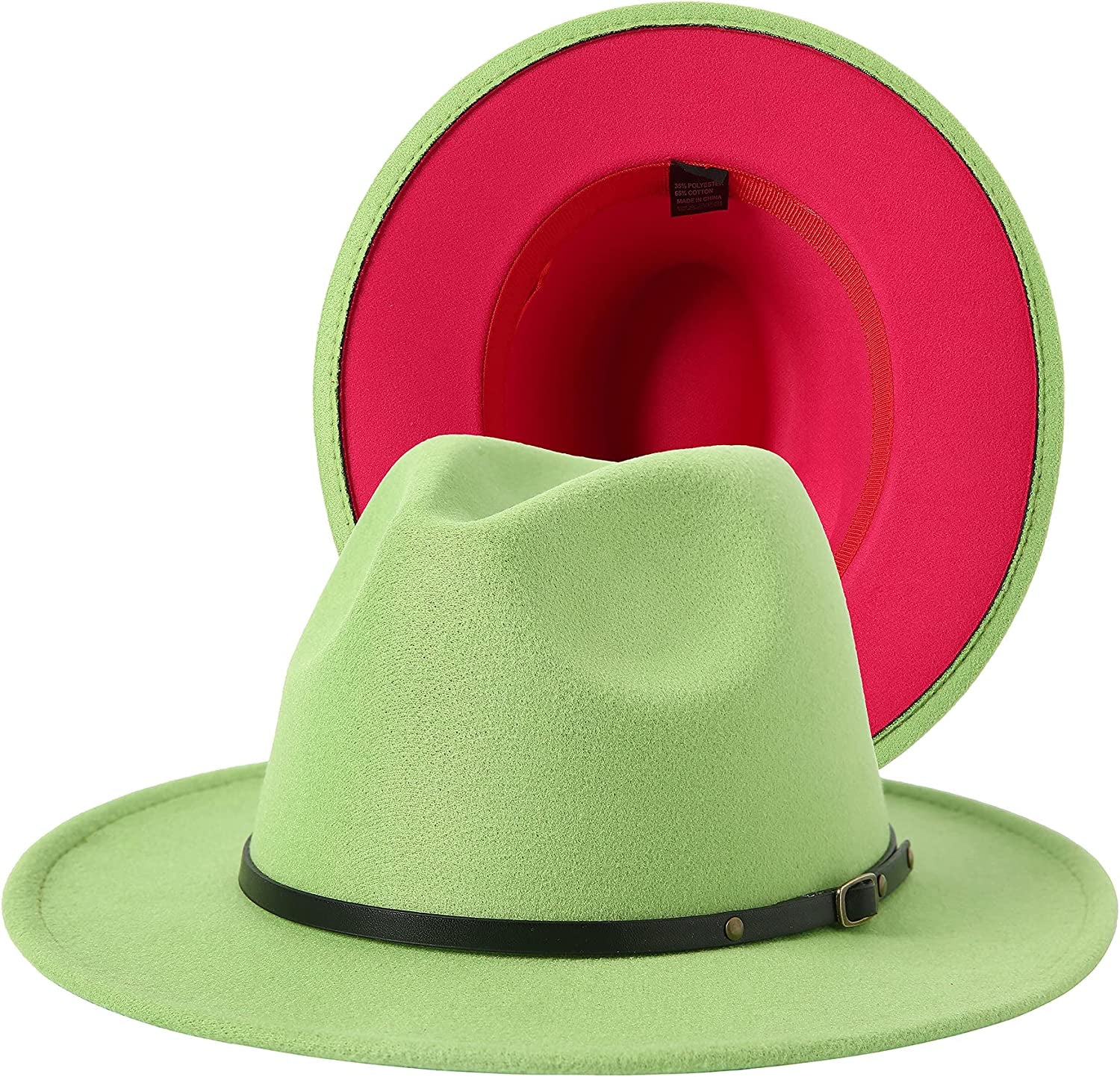 JOYEBUY Women Lady Two Tone Wide Brim Panama Hat Patchwork Colors Classic Fedora Hat with Belt Buckle Apparel & Accessories > Clothing Accessories > Hats JOYEBUY Green/Rose One Size 