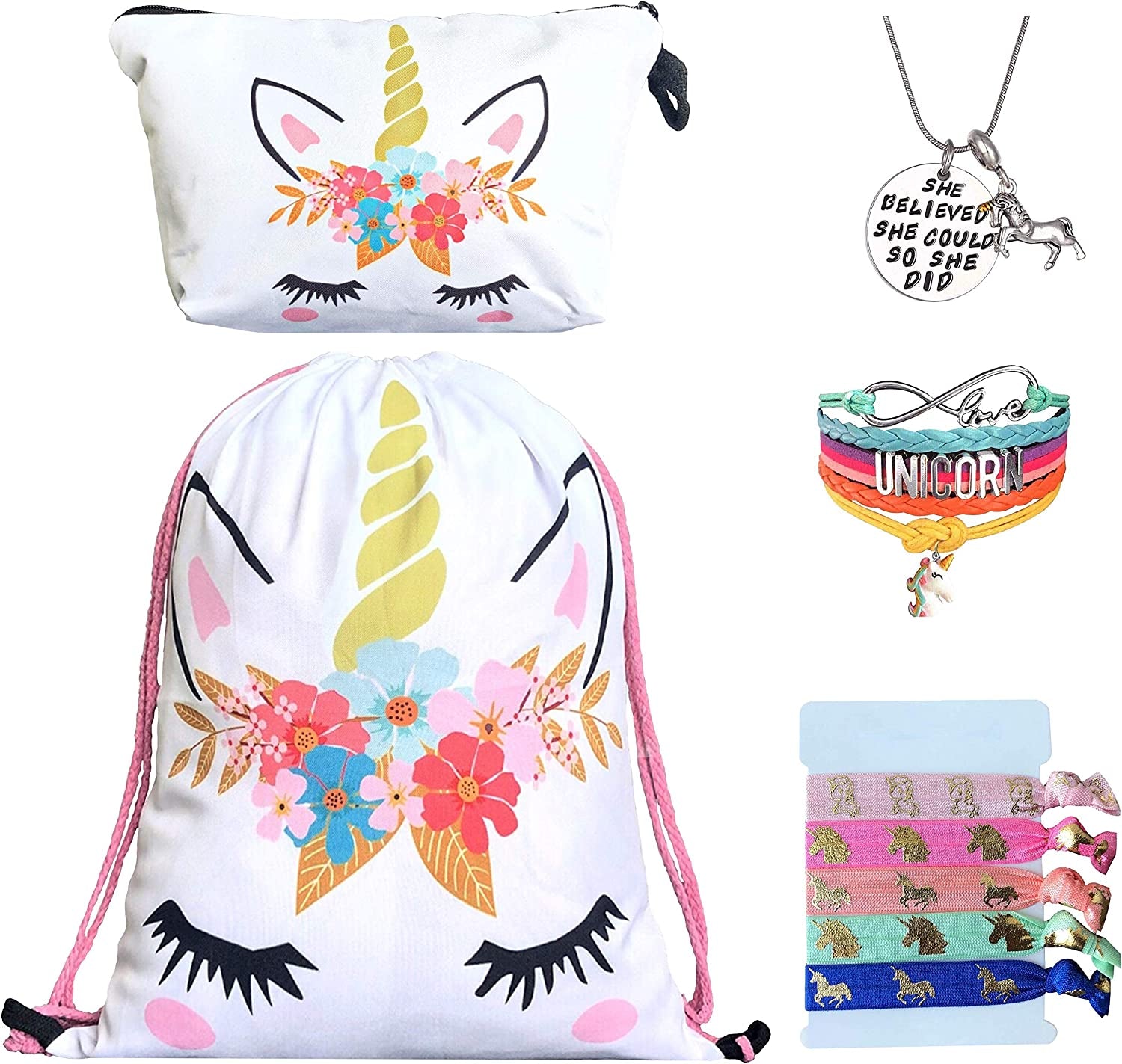 Unicorn Gifts for Girls - Unicorn Drawstring Backpack/Makeup Bag/Bracelet/Inspirational Necklace/Hair Ties (Flower Unicorn) Apparel & Accessories > Jewelry > Bracelets Doctor Unicorn White Flower  