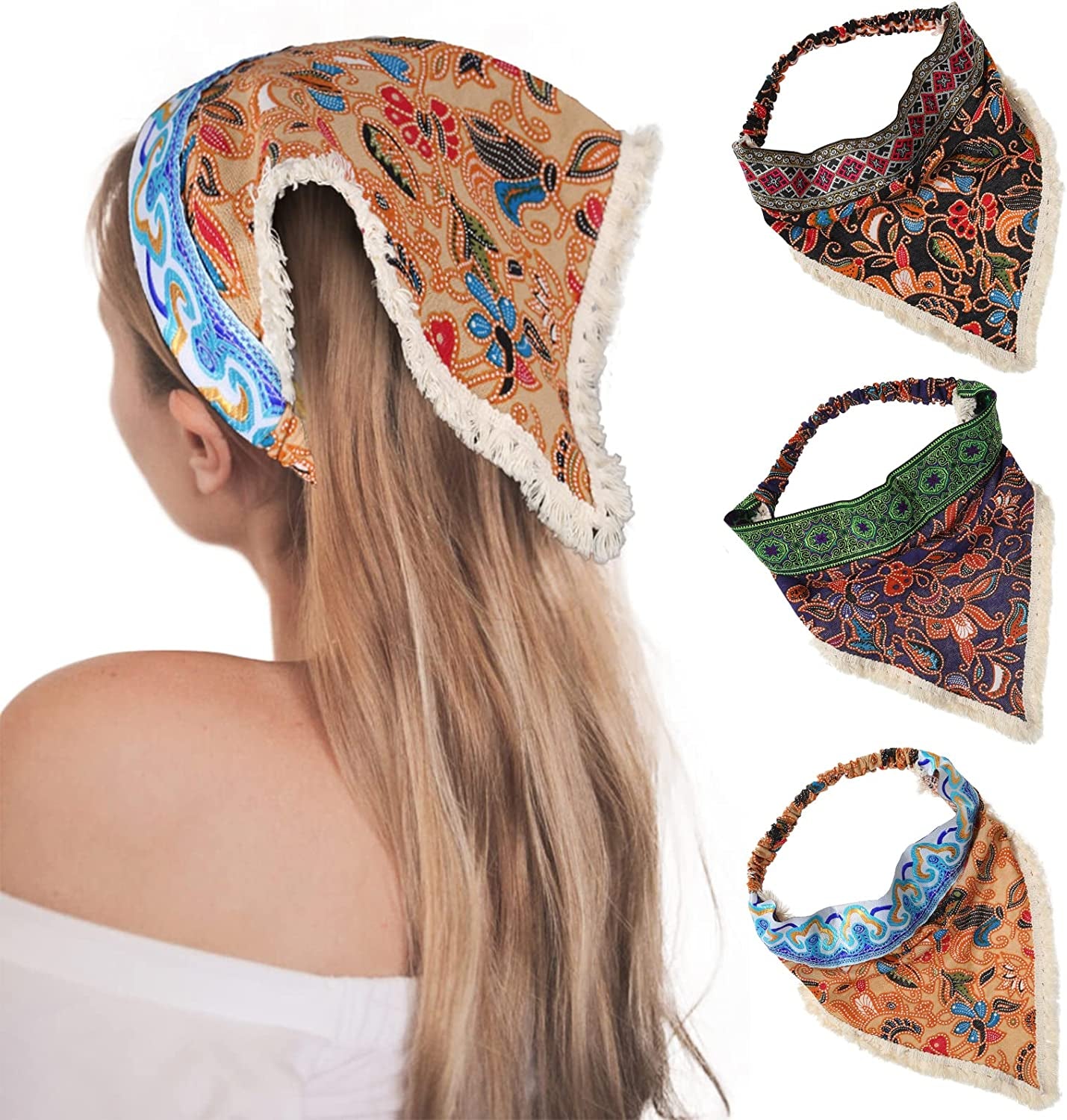 Floral Elastic Hair Scarf Headband - 3 PCS Chiffon Head Kerchief Headband Floral Hair Scarves with Hair Clips Hair Bandanas Apparel & Accessories > Clothing Accessories > Bandanas & Headties AWAYTR Tassel(khaki+black+blue)  