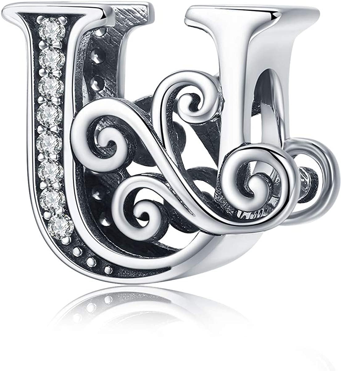 Solid 925 Sterling Silver with Cubic Stones, Complete A~Z Gift Options Alphabet Charm Letter Beads Fit Pandora European Bracelets Apparel & Accessories > Jewelry > Bracelets ABAOLALA ALPHABET U  