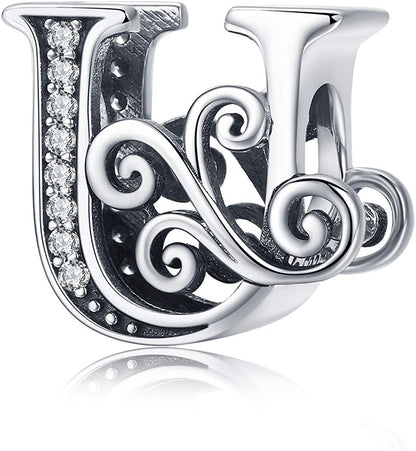 Solid 925 Sterling Silver with Cubic Stones, Complete A~Z Gift Options Alphabet Charm Letter Beads Fit Pandora European Bracelets Apparel & Accessories > Jewelry > Bracelets ABAOLALA ALPHABET U  