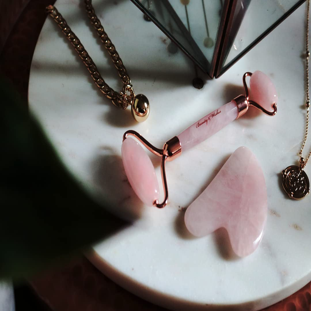 Jade Roller & Gua Sha for Face - 4 in 1 - Helps Reducing Puffiness, Wrinkles, Fine Lines - Authentic Brazilian Rose Quartz Face Massager Kit for Improved Skin Circulation, Drainage, Elasticity Health & Beauty > Personal Care > Cosmetics > Cosmetic Tools > Skin Care Tools BEAUTY & WISHES   