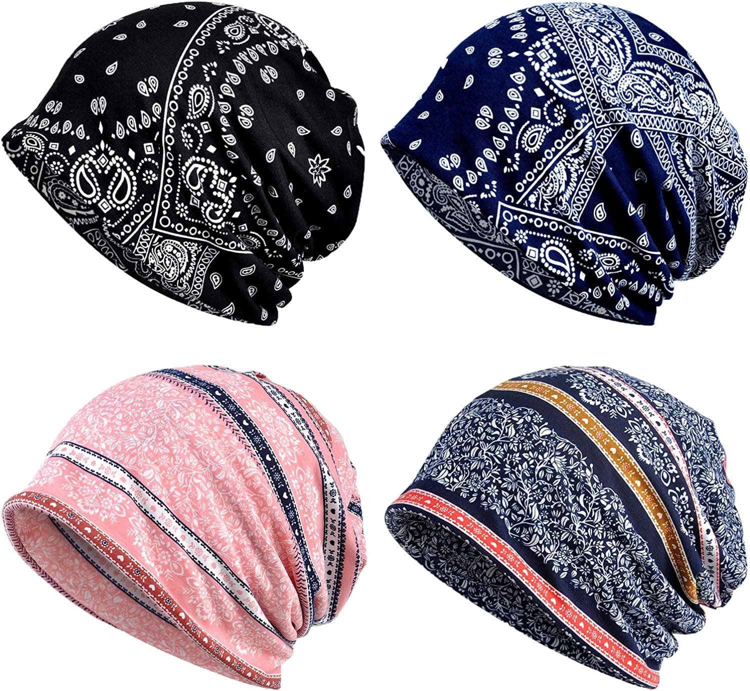 Glamorstar Floral Lace Beanie Hat Chemo Cap Stretch Slouchy Turban Headwear Apparel & Accessories > Clothing Accessories > Headwear Glamorstar 4 Packs-blue,black,pink,sapphire One Size 