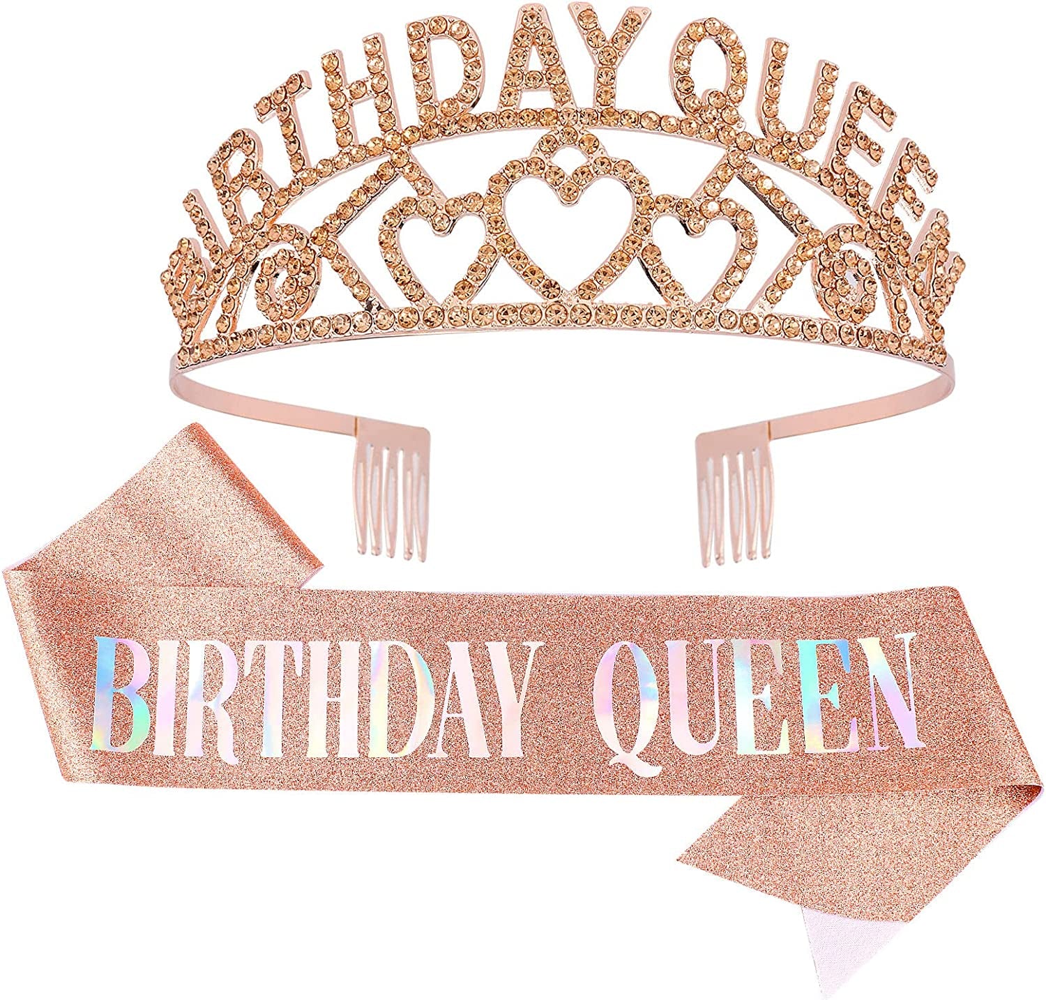 CAVETEE Gold Birthday Queen Rhinestone Tiara and Sash- Birthday Tiara and Sash Birthday Party Favors Glitter Birthday Decorations for Women（Multi Color Letter） Apparel & Accessories > Clothing Accessories > Sashes CAVETEE Champagne Gold  
