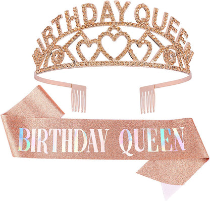 CAVETEE Gold Birthday Queen Rhinestone Tiara and Sash- Birthday Tiara and Sash Birthday Party Favors Glitter Birthday Decorations for Women（Multi Color Letter） Apparel & Accessories > Clothing Accessories > Sashes CAVETEE Champagne Gold  