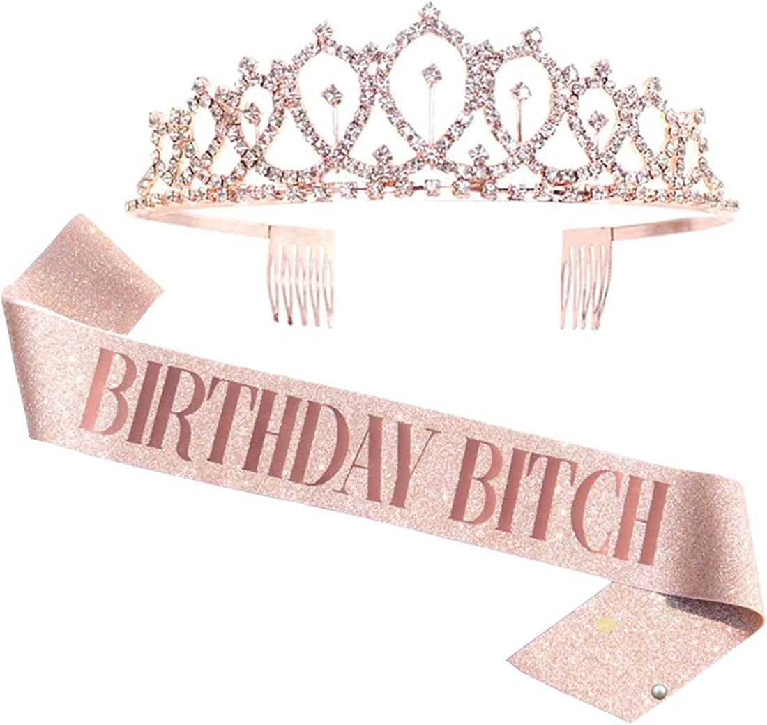 LATFZ Birthday Bitch Sash & Crown Tiara Kit - Black Glitter Birthday Sash Birthday Gifts for Women Birthday Party Supplies Apparel & Accessories > Clothing Accessories > Sashes LATFZ Rose Gold  
