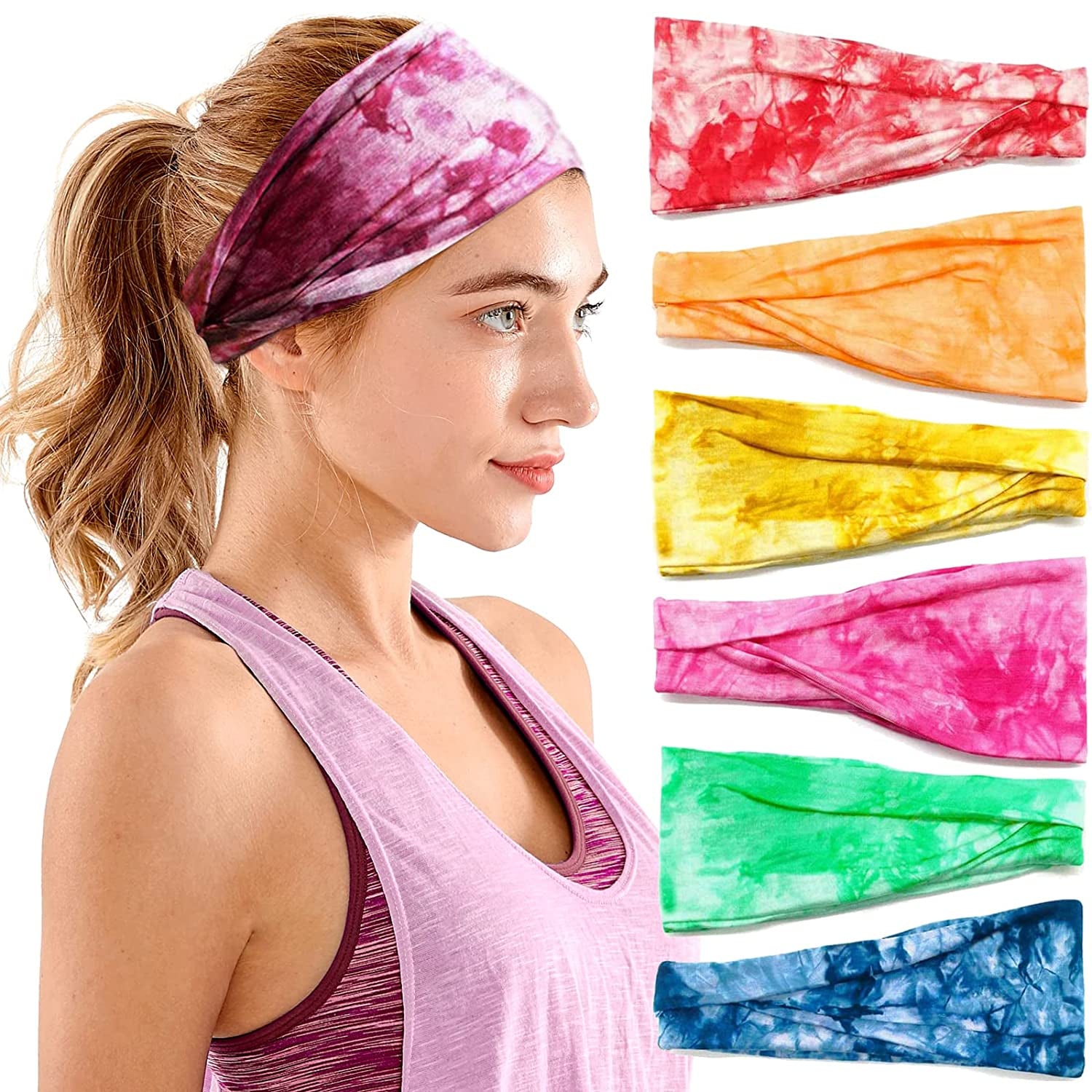 Headbands for Women, 6 PCS Yoga Running Sports Headbands Tie Dye Boho Pattern Elastic Non Slip Sweat Workout Hair Fashion Bands for Girls Apparel & Accessories > Clothing Accessories > Bandanas & Headties OFFTESTY Headbands Color-1  