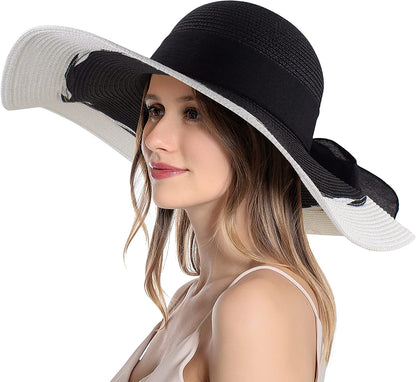 Muryobao Womens Sun Straw Hat Wide Brim UV UPF 50 Summer Hat Foldable Roll up Floppy Beach Cap for Women Apparel & Accessories > Clothing Accessories > Hats Muryobao White-black Mix  