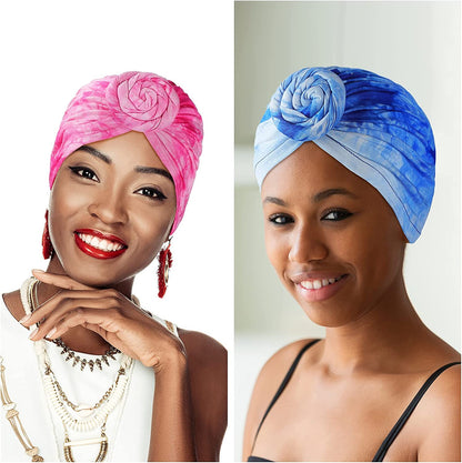 Geyoga 4 Pieces Women Turbans Knot Headwrap Tie-Dye Turban Pre-Tied Headwrap African Headwear Stretchy Turban Beanie Caps for Women Apparel & Accessories > Clothing Accessories > Headwear Geyoga   