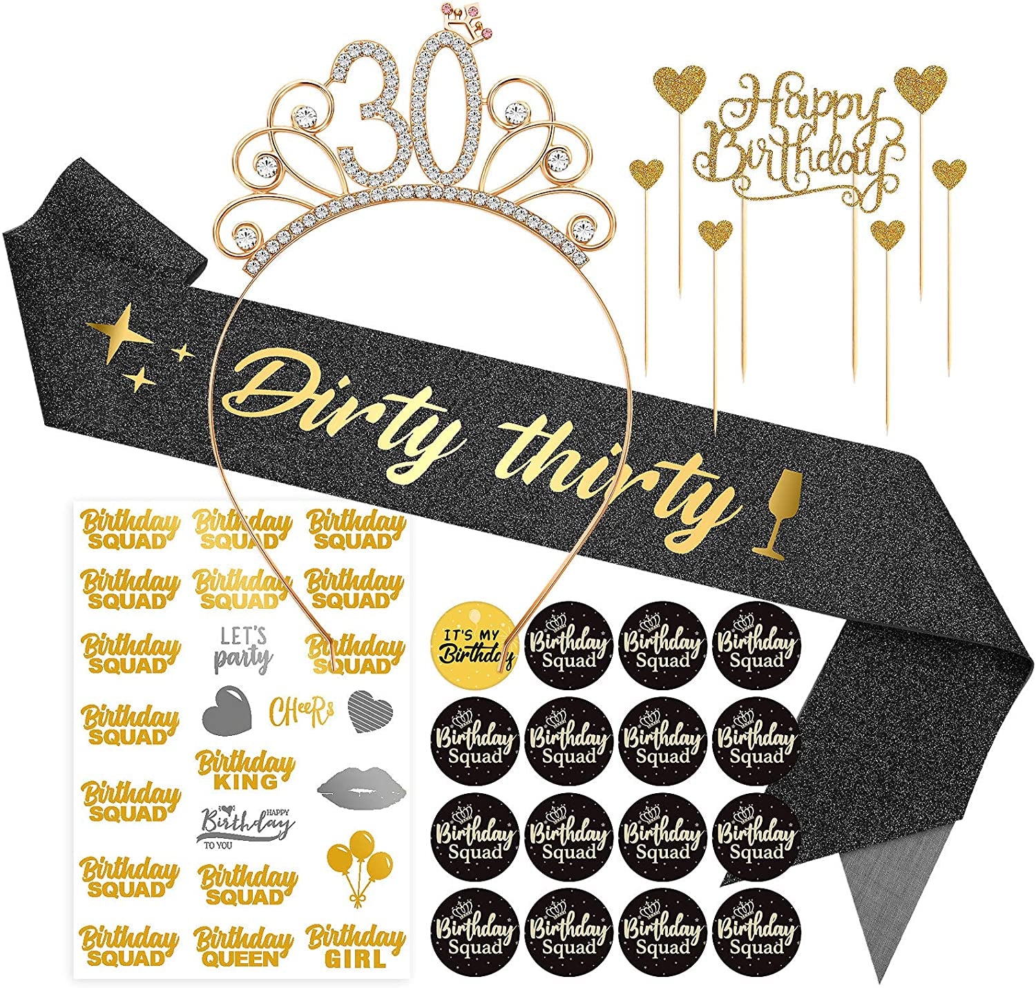 Black Birthday Sash Crowns Tiara Headband for Women - Birthday Buttons Pins Badges Gifts for Girl Birthday Party Supplies Apparel & Accessories > Clothing Accessories > Sashes ERTREE 30th Birthday  