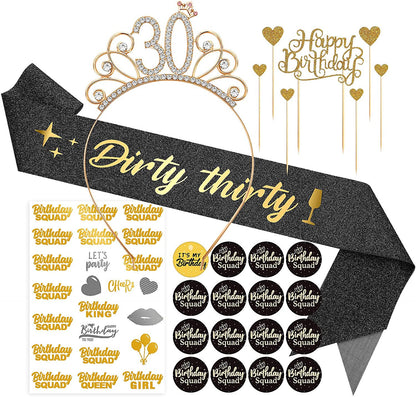 Black Birthday Sash Crowns Tiara Headband for Women - Birthday Buttons Pins Badges Gifts for Girl Birthday Party Supplies Apparel & Accessories > Clothing Accessories > Sashes ERTREE 30th Birthday  