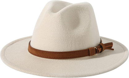 Lanzom Womens Classic Wide Brim Floppy Panama Hat Belt Buckle Wool Fedora Hat Apparel & Accessories > Clothing Accessories > Hats Lanzom Z Buckle Belt-beige One Size 