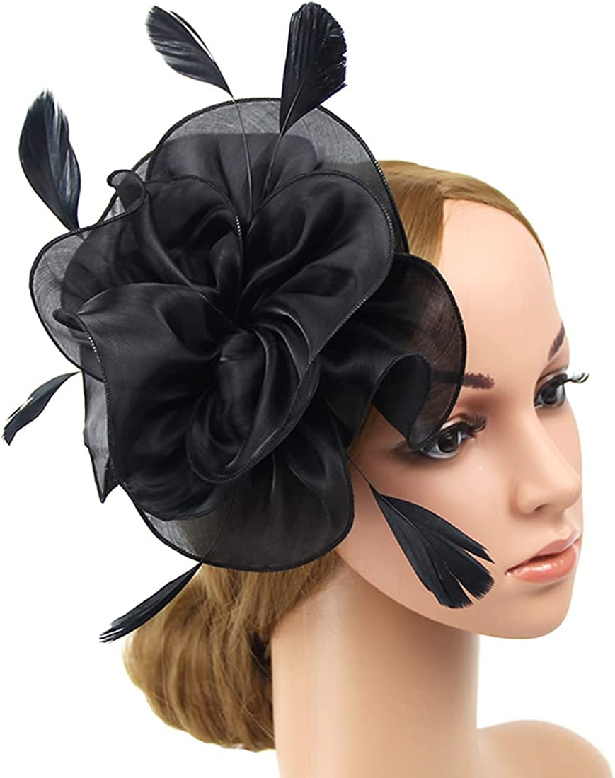 Women Flower Fascinator Hat Wedding Bridal Fascinators Tea Party Hat Feather Fascinator Headband Headwear for Evening Church Apparel & Accessories > Clothing Accessories > Headwear STbest Black  