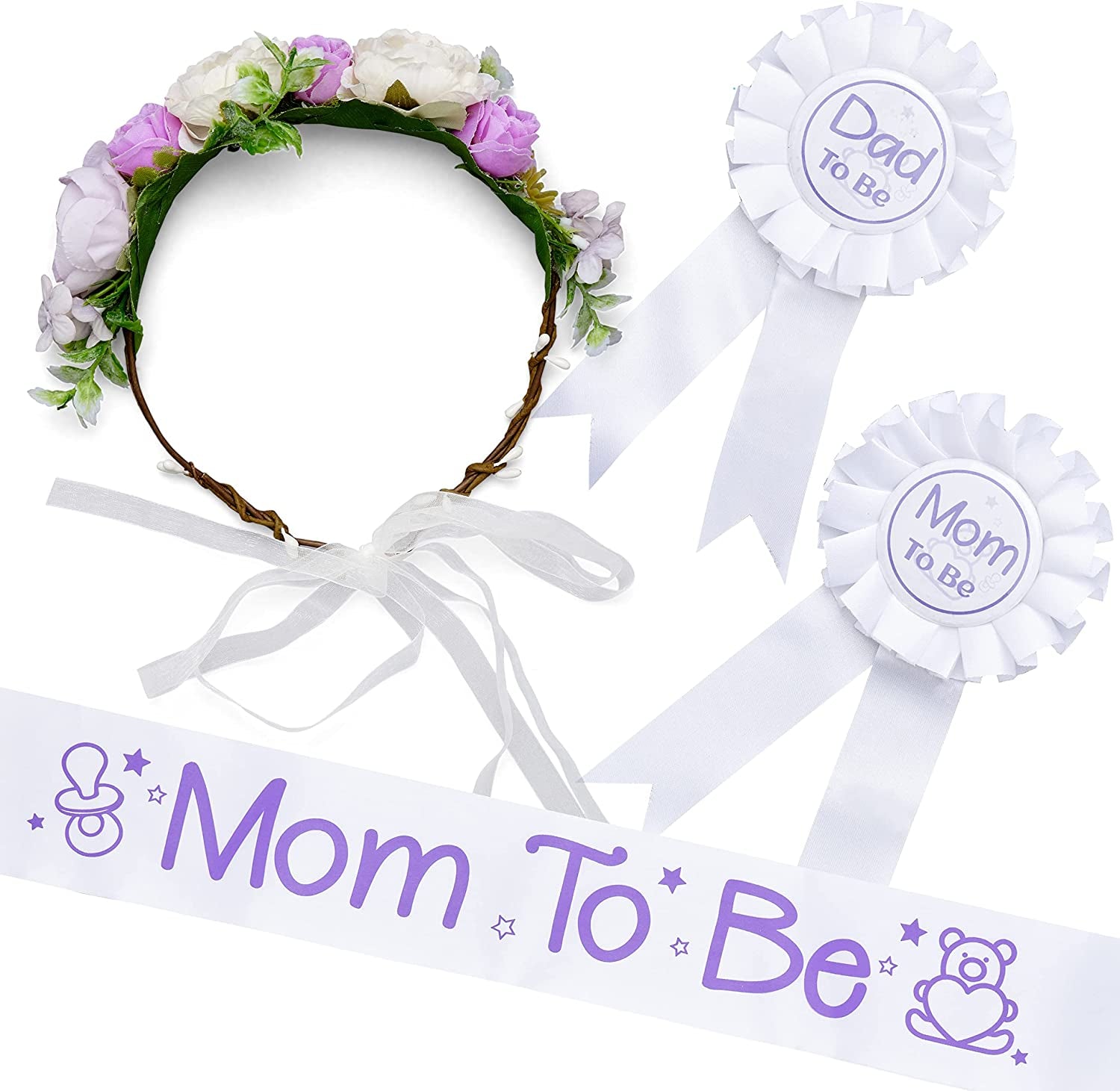 Baby Shower Decoration for Mom to Be and Dad to Be, Pink Flowers Style Tiara + White & Pink Sash + White & Pink "Dad to Be" Pin, Maternity Christmas Gift for Her Nd Him Apparel & Accessories > Clothing Accessories > Sashes VeryMerryMakering puple,white  
