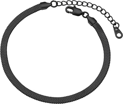 FOCALOOK 18K Gold Plated Flat Snake Chain Link Dainty Ankle Bracelets for Women, Boho Summer Beach Anklet Adjustable Foot Jewelry (4 Colors) Apparel & Accessories > Jewelry > Anklets FOCALOOK JEWELRY D:5mm Black  