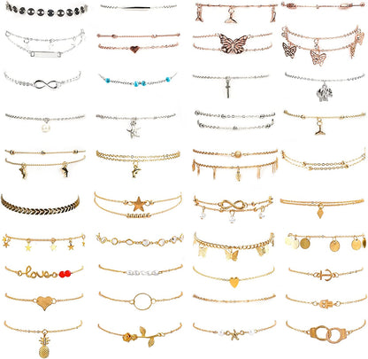 ESRICH 30/40PCS Ankle Bracelets for Women Girls Set, Gold Silver Rose Gold Three Style Jewelry Anklets for Women Beach Jewelry Gifts Adjustable Size Beach Anklet Set Apparel & Accessories > Jewelry > Anklets ESRICH 25 Gold 10Silver5 Rose Gold Ankles  
