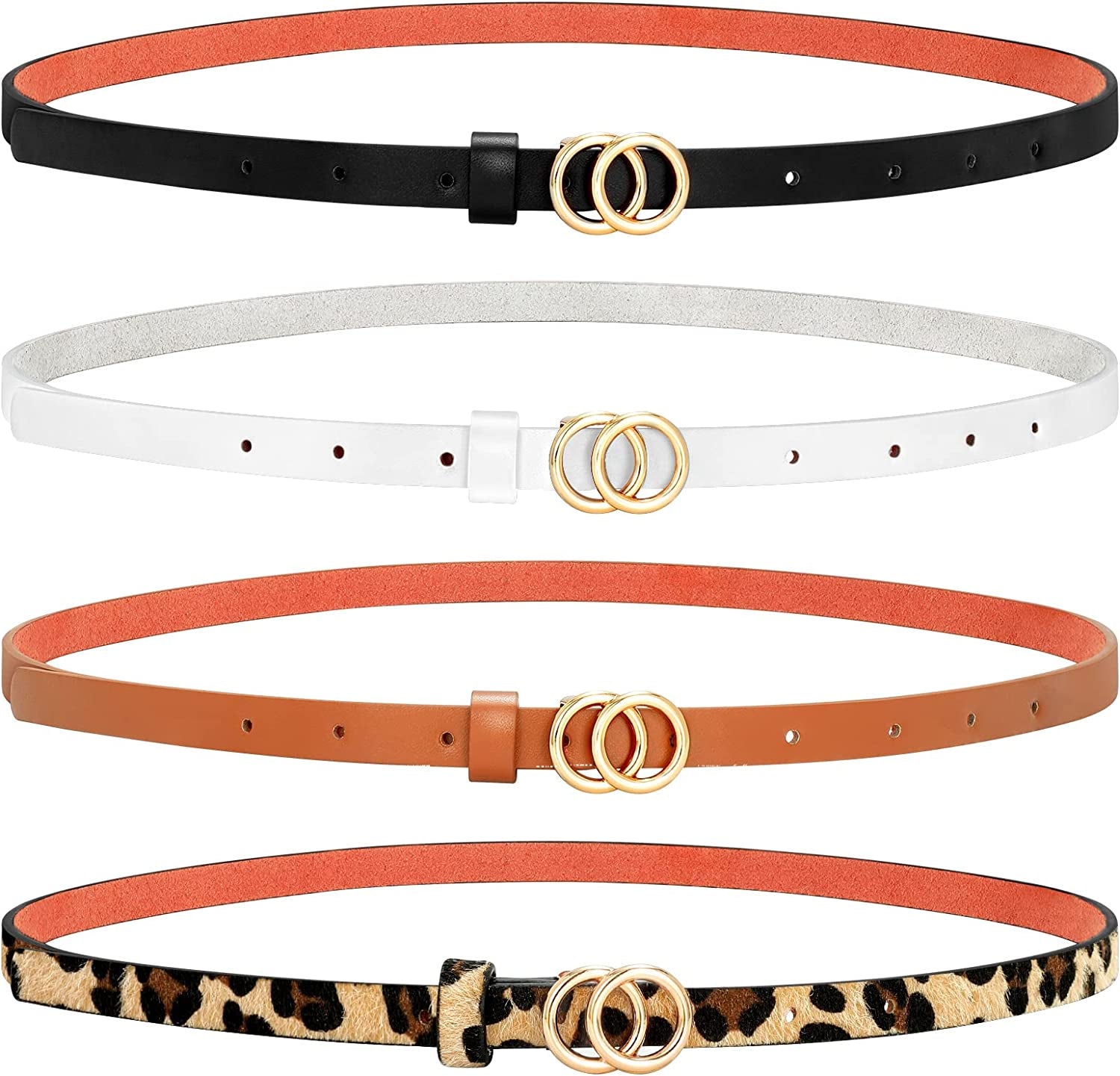 Set of 4 Womens Thin Belts SANSTHS Skinny Leather Belt with Gold Alloy Buckle Apparel & Accessories > Clothing Accessories > Belts SANSTHS E-set 2 XXL:Fits pants size 46"-49" 