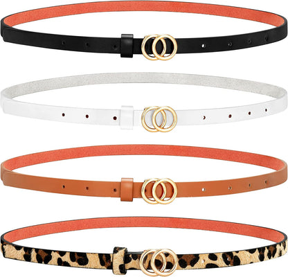 Set of 4 Womens Thin Belts SANSTHS Skinny Leather Belt with Gold Alloy Buckle Apparel & Accessories > Clothing Accessories > Belts SANSTHS E-set 2 XXL:Fits pants size 46"-49" 