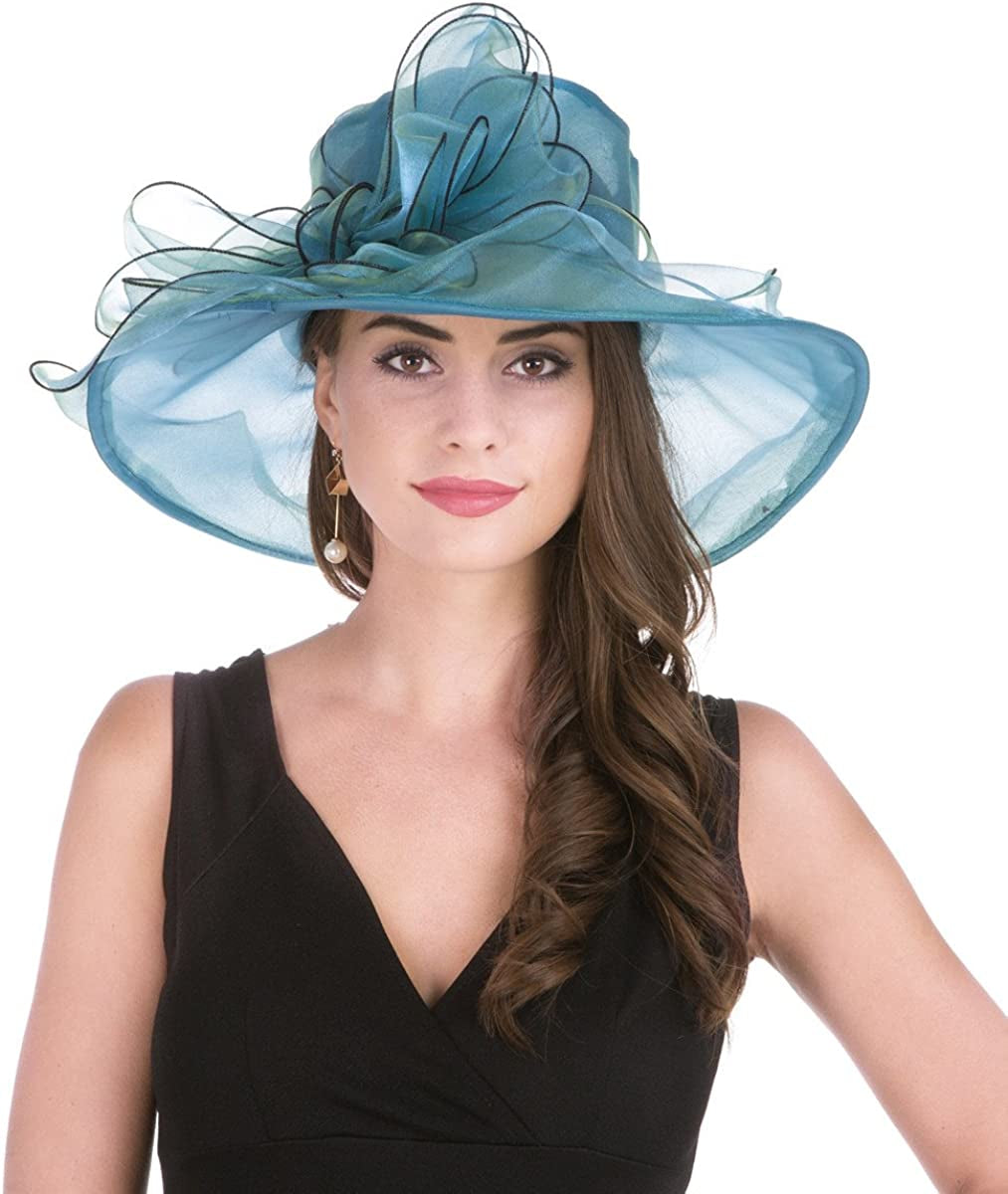 Lucky Leaf Women Kentucky Derby Church Cap Wide Brim Summer Sun Hat for Party Wedding Apparel & Accessories > Clothing Accessories > Headwear Lucky Leaf 2-peacock Blue New  
