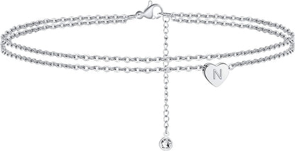 Turandoss Silver Heart Initial Ankle Bracelets for Women, 14K White Gold Filled Handmade Dainty Layered Silver Anklet Letter Initial Heart Ankle Bracelets for Women Silver Summer Foot Beach Jewelry Apparel & Accessories > Jewelry > Anklets Turandoss N  