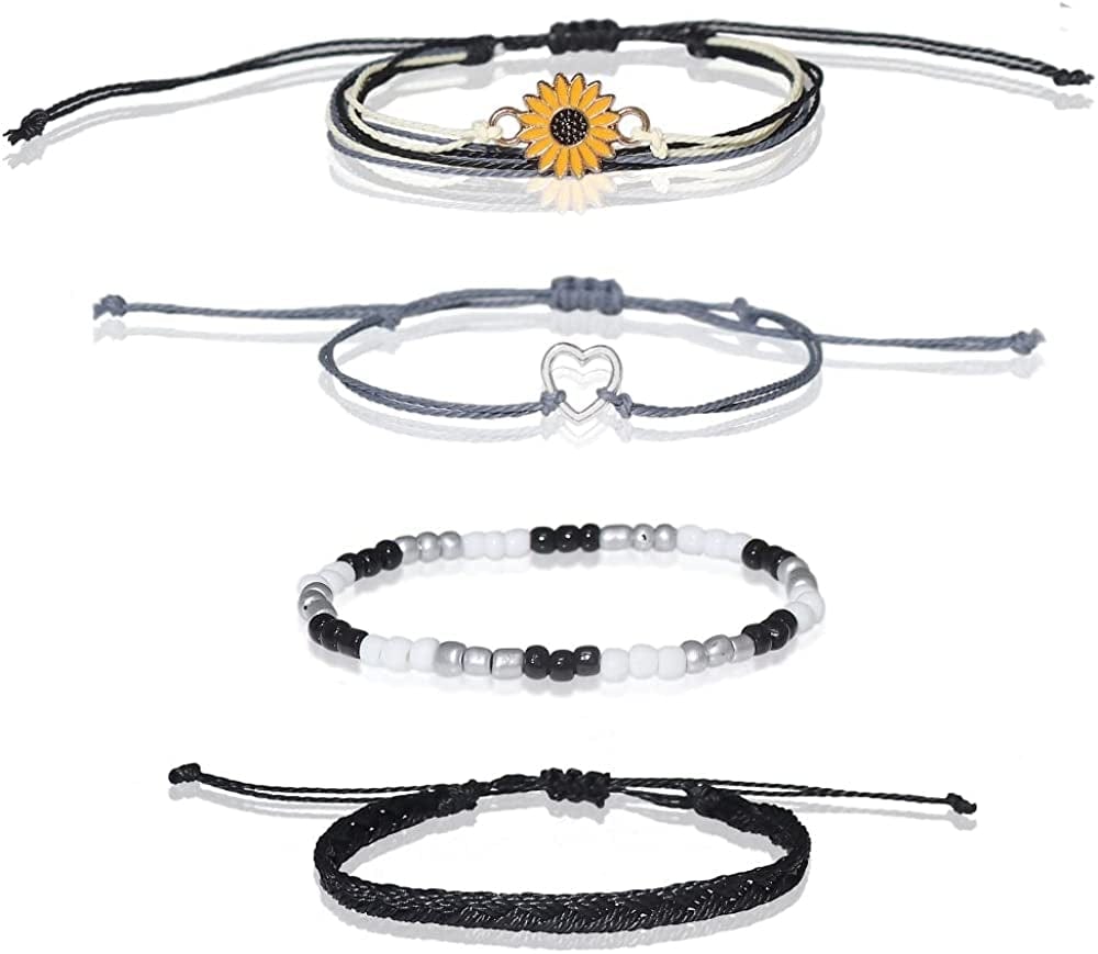Caiyao 4 Pcs Summer Surfer Wave Anklet Bracelets Adjustable Strand Braided String Rope Bracelets Waterproof Handmade Sunflower Bracelets Anklets Jewelry for Women Teen Girls Apparel & Accessories > Jewelry > Anklets InShine bead black  