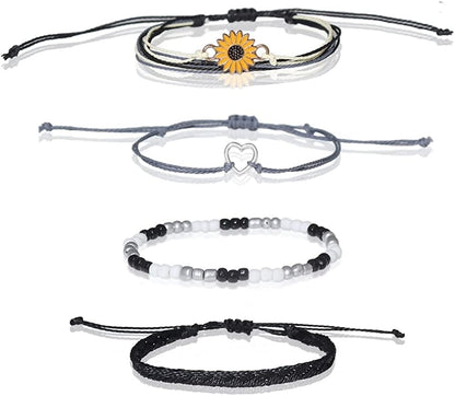 Caiyao 4 Pcs Summer Surfer Wave Anklet Bracelets Adjustable Strand Braided String Rope Bracelets Waterproof Handmade Sunflower Bracelets Anklets Jewelry for Women Teen Girls Apparel & Accessories > Jewelry > Anklets InShine bead black  