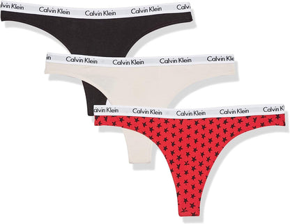 Calvin Klein Women'S Carousel Logo Cotton Thong Multipack Panty Tapioca/Star Stamp_exact Red/Black / Large