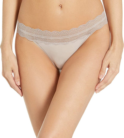 Calvin Klein Women'S Micro with Lace Band Thong Panty Sandstone / Medium