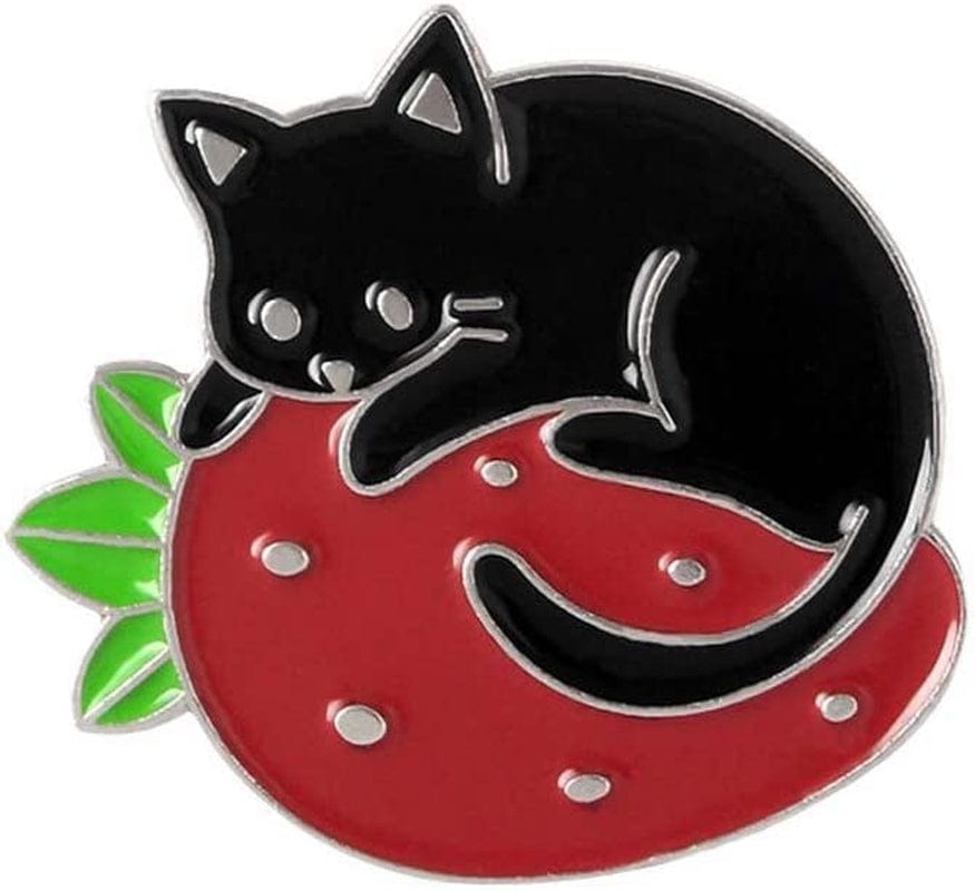 Cartoon Black Cat Enamel Pins Cute Animal Strawberry Badges Brooches Backpack Lapel Pin Brooch Custom Jewelry for Bag Jackets(Gold) Silver,Black