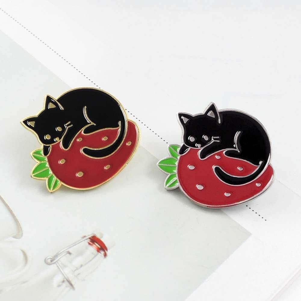 Cartoon Black Cat Enamel Pins Cute Animal Strawberry Badges Brooches Backpack Lapel Pin Brooch Custom Jewelry for Bag Jackets(Gold)