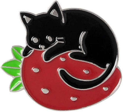 Cartoon Black Cat Enamel Pins Cute Animal Strawberry Badges Brooches Backpack Lapel Pin Brooch Custom Jewelry for Bag Jackets(Gold)