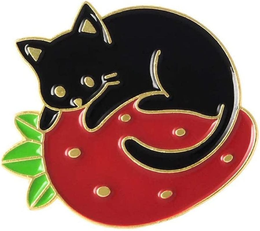 Cartoon Black Cat Enamel Pins Cute Animal Strawberry Badges Brooches Backpack Lapel Pin Brooch Custom Jewelry for Bag Jackets(Gold) Gold,Black