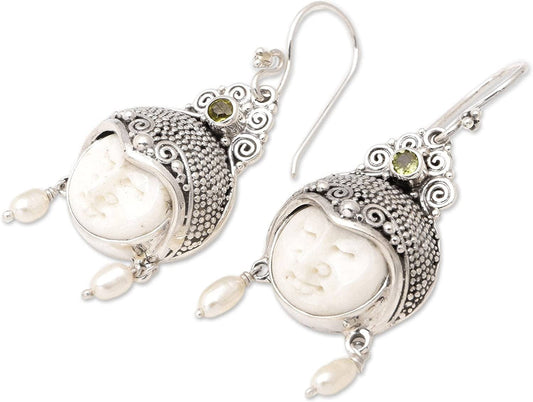 Carved Dangle Earrings with Cultured Freshwater Pearls and Peridot, Day Dreamers'