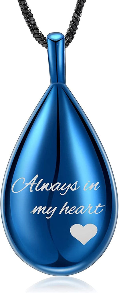 Carved Teardrop Keepsake Ashes Necklace Urn Pendant Cremation Memorial Jewelry-Always in My Heart Always in my heart Blue