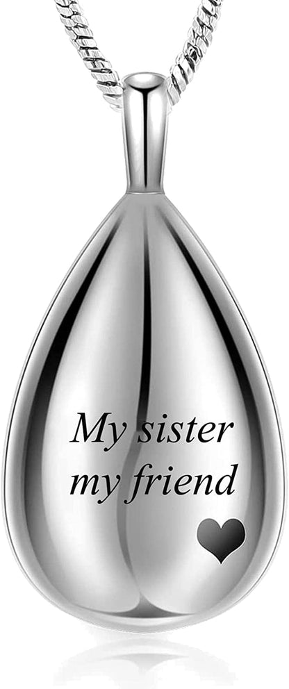Carved Teardrop Keepsake Ashes Necklace Urn Pendant Cremation Memorial Jewelry-Always in My Heart My sister my friend
