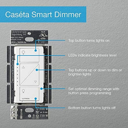 Caséta Deluxe Smart Dimmer Switch (2 Count) Kit with Caséta Smart Hub | Works with Alexa, Apple Homekit, Ring, Google Assistant | P-BDG-PKG2W-A | White