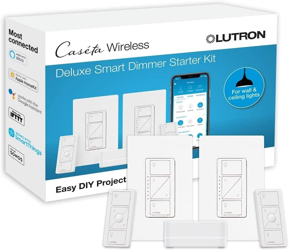 Caséta Deluxe Smart Dimmer Switch (2 Count) Kit with Caséta Smart Hub | Works with Alexa, Apple Homekit, Ring, Google Assistant | P-BDG-PKG2W-A | White White / Deluxe Dimmer Kit w/Hub