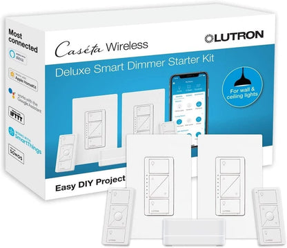 Caséta Deluxe Smart Dimmer Switch (2 Count) Kit with Caséta Smart Hub | Works with Alexa, Apple Homekit, Ring, Google Assistant | P-BDG-PKG2W-A | White White / Deluxe Dimmer Kit w/Hub