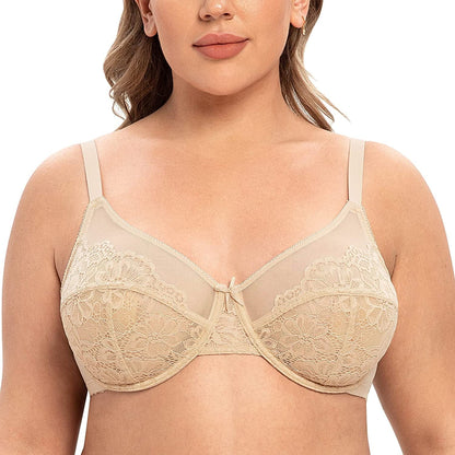 CASOLACE Women'S plus Size Sexy Lace Full Coverage Unlined Minimizer Underwire Bra Beige / 36D