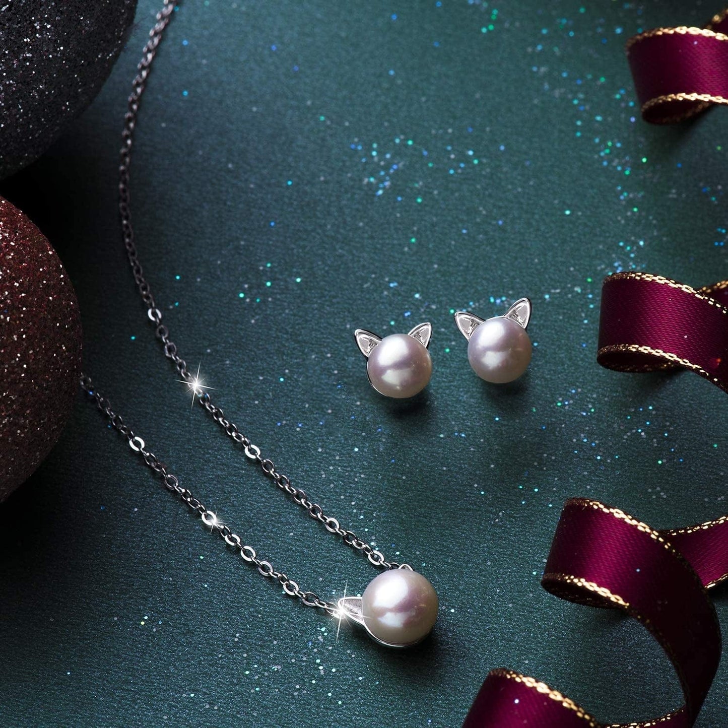 Cat Earrings Pearl Earrings Sterling Silver Studs Earrings for Women