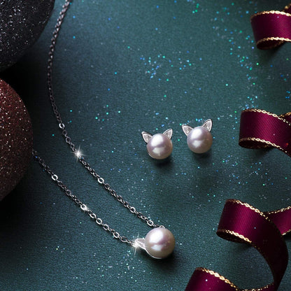 Cat Earrings Pearl Earrings Sterling Silver Studs Earrings for Women