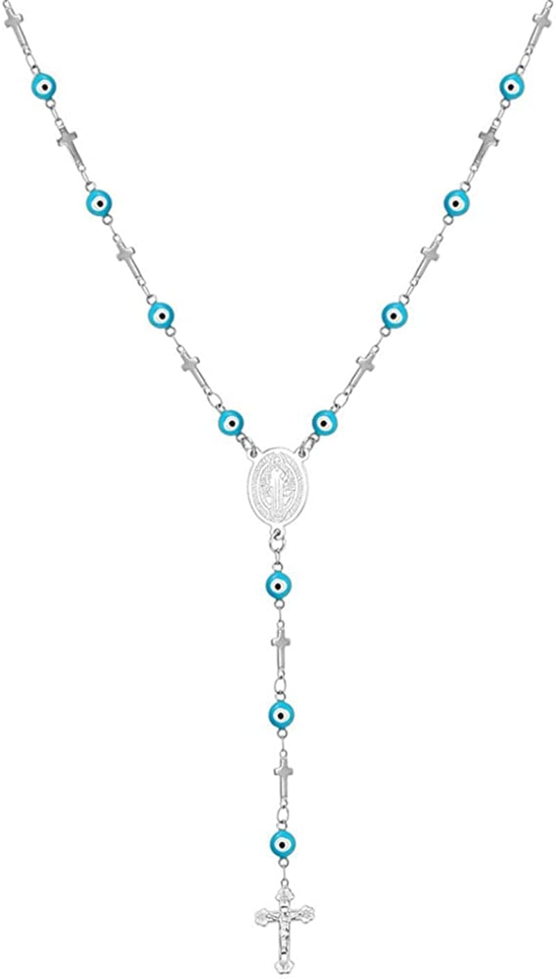 Catholic Gift Stainless Steel 18K Gold Plated Coin Medal/Crucifix Cross/Virgin Mary/Rosary Necklaces for Women Men D.Sideways Cross Rosary-Stainless