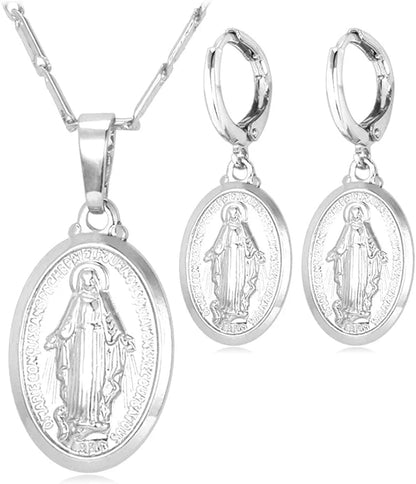 Catholic Gift Stainless Steel 18K Gold Plated Coin Medal/Crucifix Cross/Virgin Mary/Rosary Necklaces for Women Men B.Virgin Mary Necklace+Earrings-Platiunm