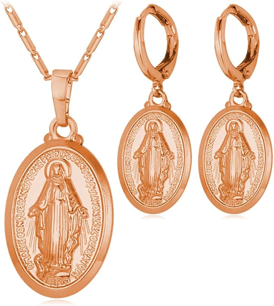 Catholic Gift Stainless Steel 18K Gold Plated Coin Medal/Crucifix Cross/Virgin Mary/Rosary Necklaces for Women Men B.Virgin Mary Necklace+Earrings-Rose Gold