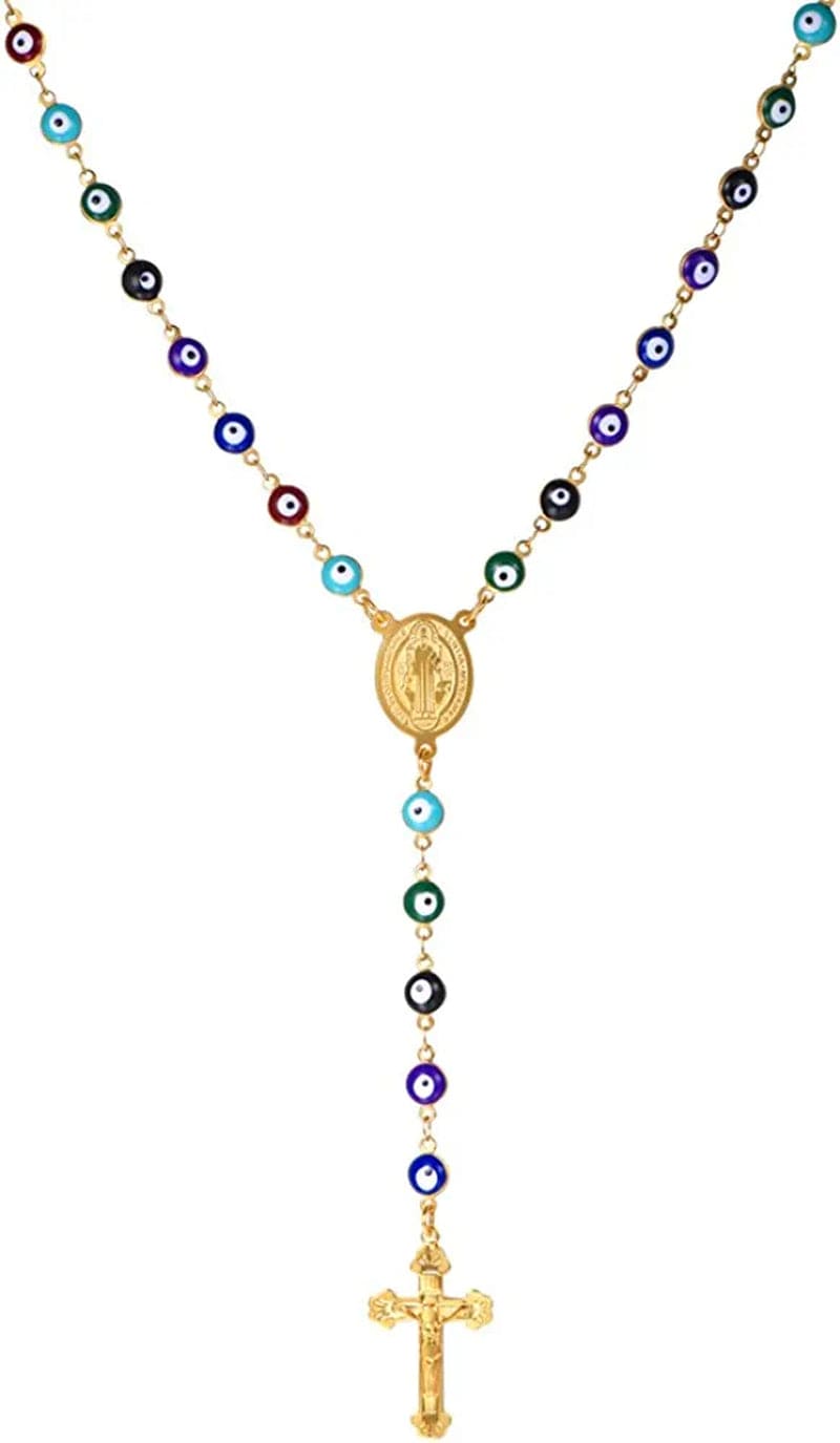 Catholic Gift Stainless Steel 18K Gold Plated Coin Medal/Crucifix Cross/Virgin Mary/Rosary Necklaces for Women Men C.Rosary-Colorful Turquoise Gold