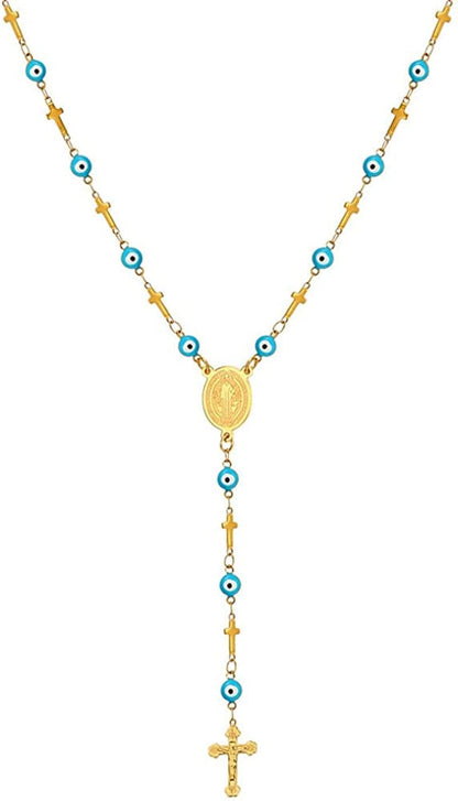 Catholic Gift Stainless Steel 18K Gold Plated Coin Medal/Crucifix Cross/Virgin Mary/Rosary Necklaces for Women Men D.Sideways Cross Rosary-Gold