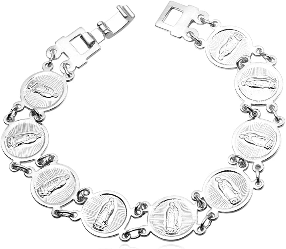 Catholic Gift Stainless Steel 18K Gold Plated Coin Medal/Crucifix Cross/Virgin Mary/Rosary Necklaces for Women Men B.Virgin Mary Bracelet-Platinum