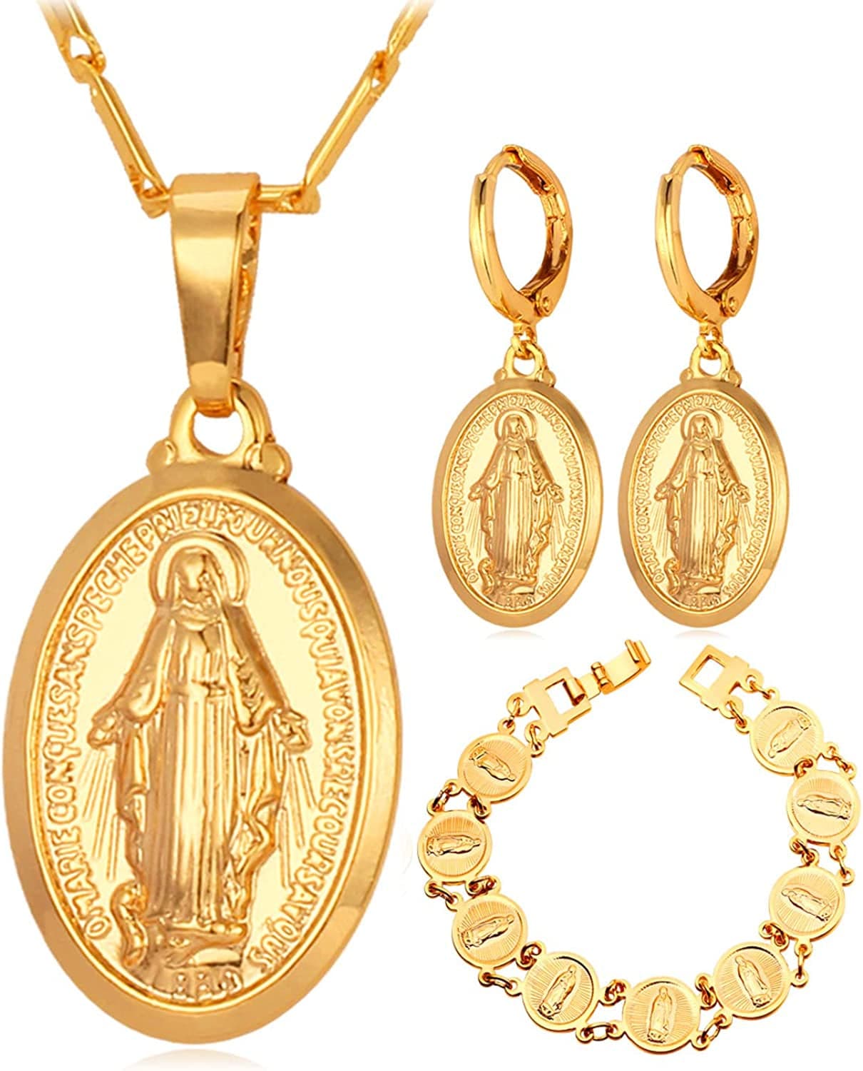 Catholic Gift Stainless Steel 18K Gold Plated Coin Medal/Crucifix Cross/Virgin Mary/Rosary Necklaces for Women Men B.Virgin Mary 3Pcs Set-Gold