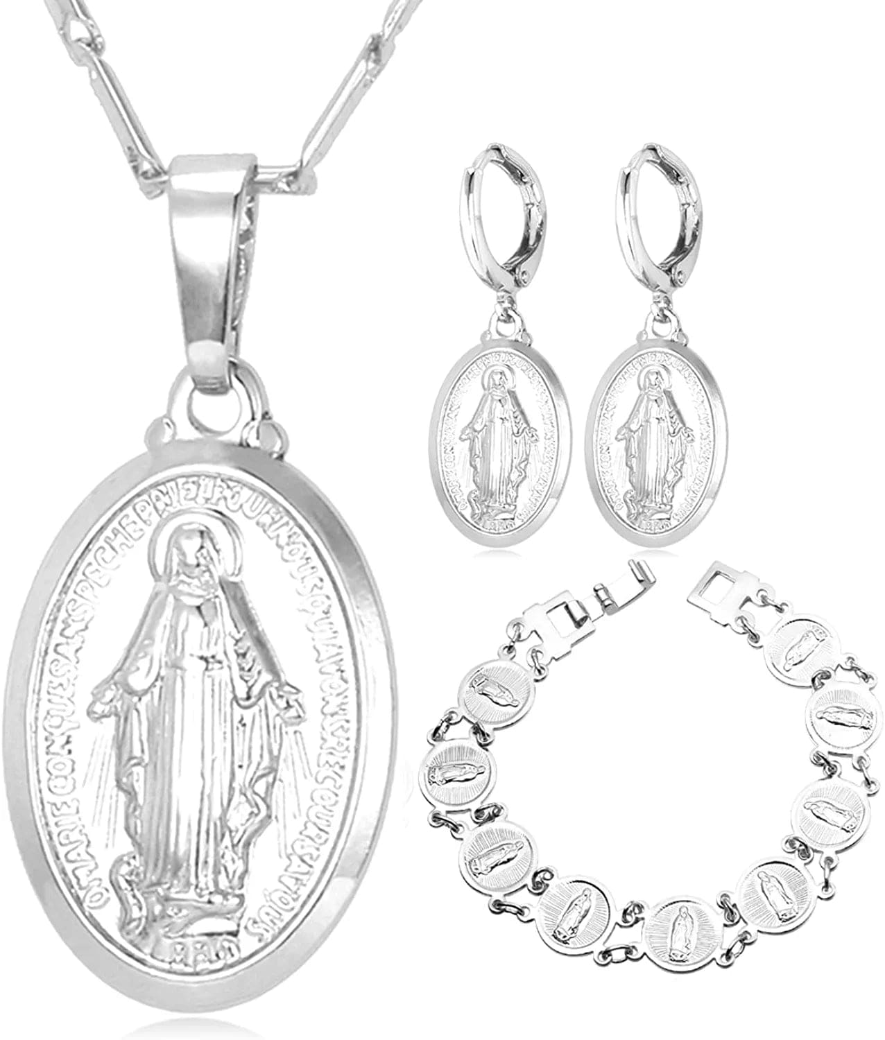 Catholic Gift Stainless Steel 18K Gold Plated Coin Medal/Crucifix Cross/Virgin Mary/Rosary Necklaces for Women Men B.Virgin Mary 3Pcs Set-Platinum