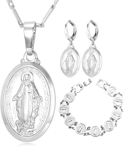 Catholic Gift Stainless Steel 18K Gold Plated Coin Medal/Crucifix Cross/Virgin Mary/Rosary Necklaces for Women Men B.Virgin Mary 3Pcs Set-Platinum